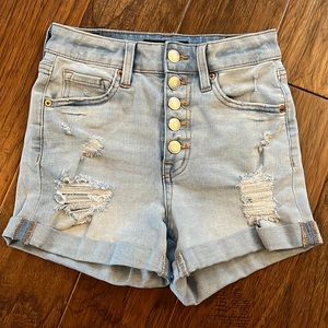 aero super high rise midi jean shorts, size 0